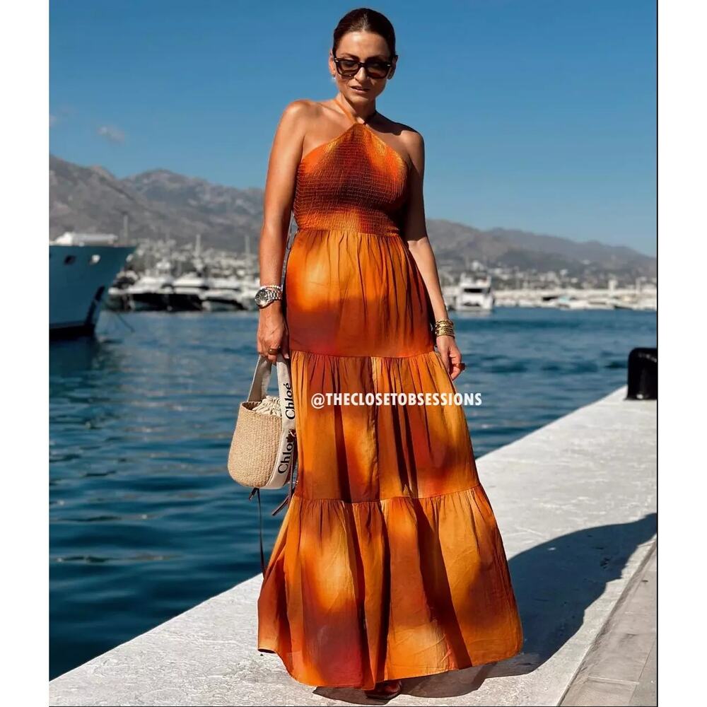 Zara NWT Orange Tie Dye Halter Smocked Maxi Dress M